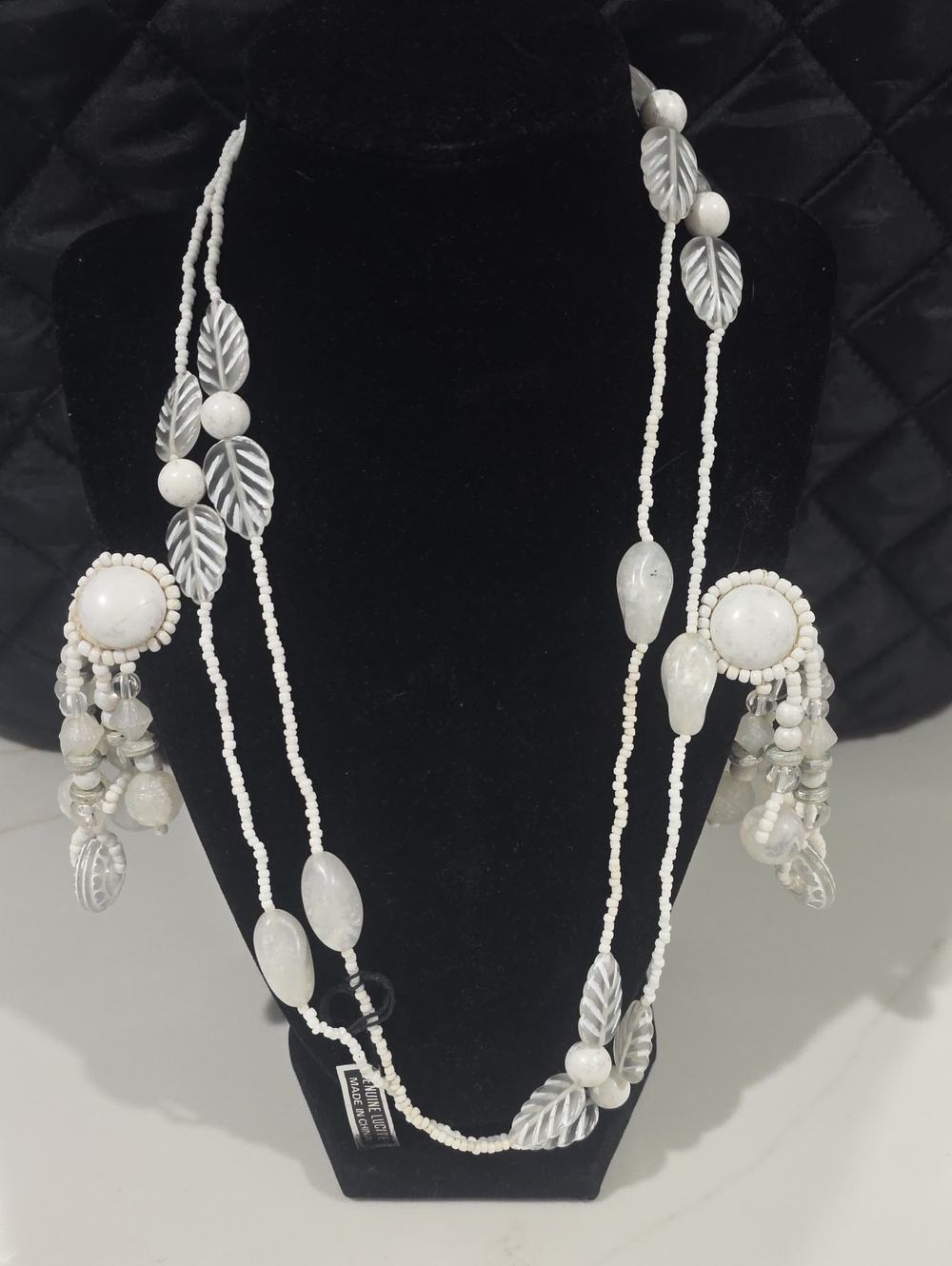 Genuine Lucite Beaded Leaf & Tassel Long Necklace & Clip On Earrings